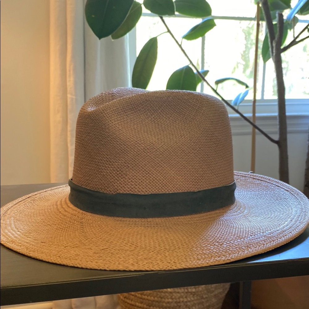 Janessa Leone Beige Tan Straw Hat with Suede Band Large